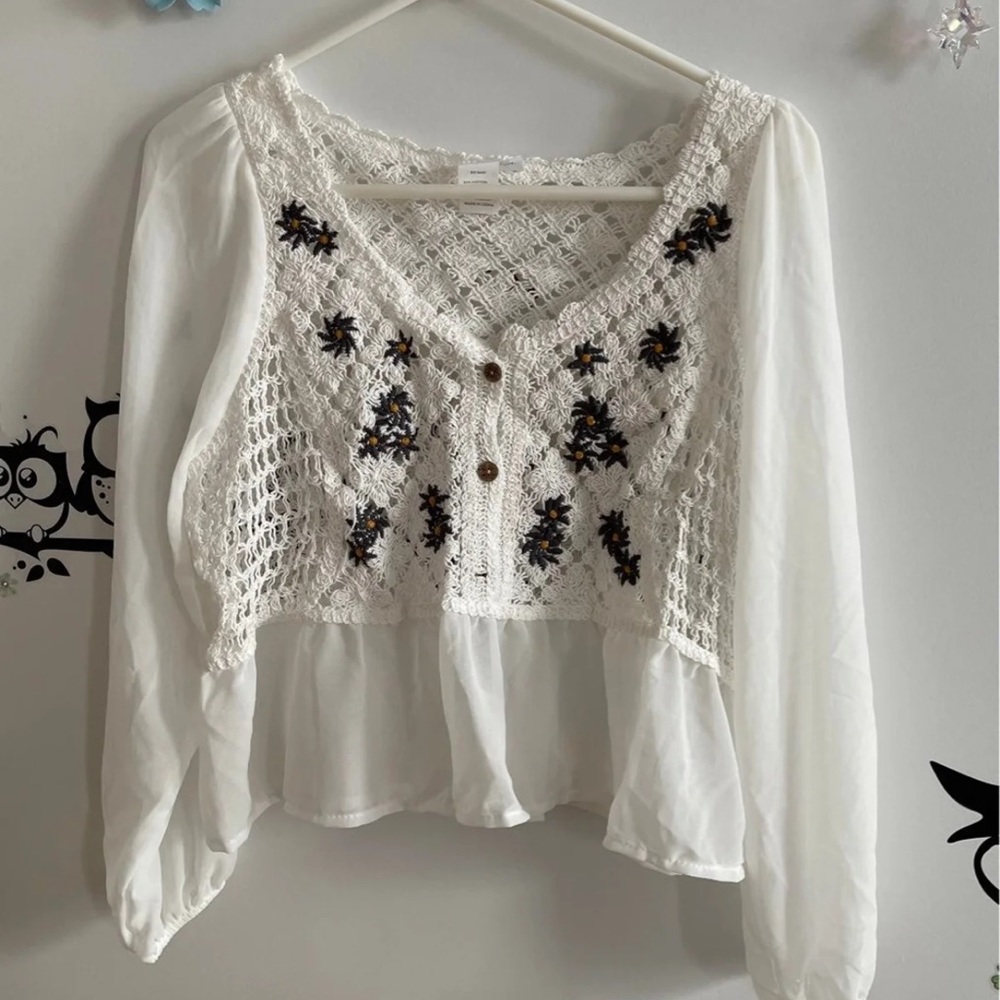 See through lace flowers long sleeves top